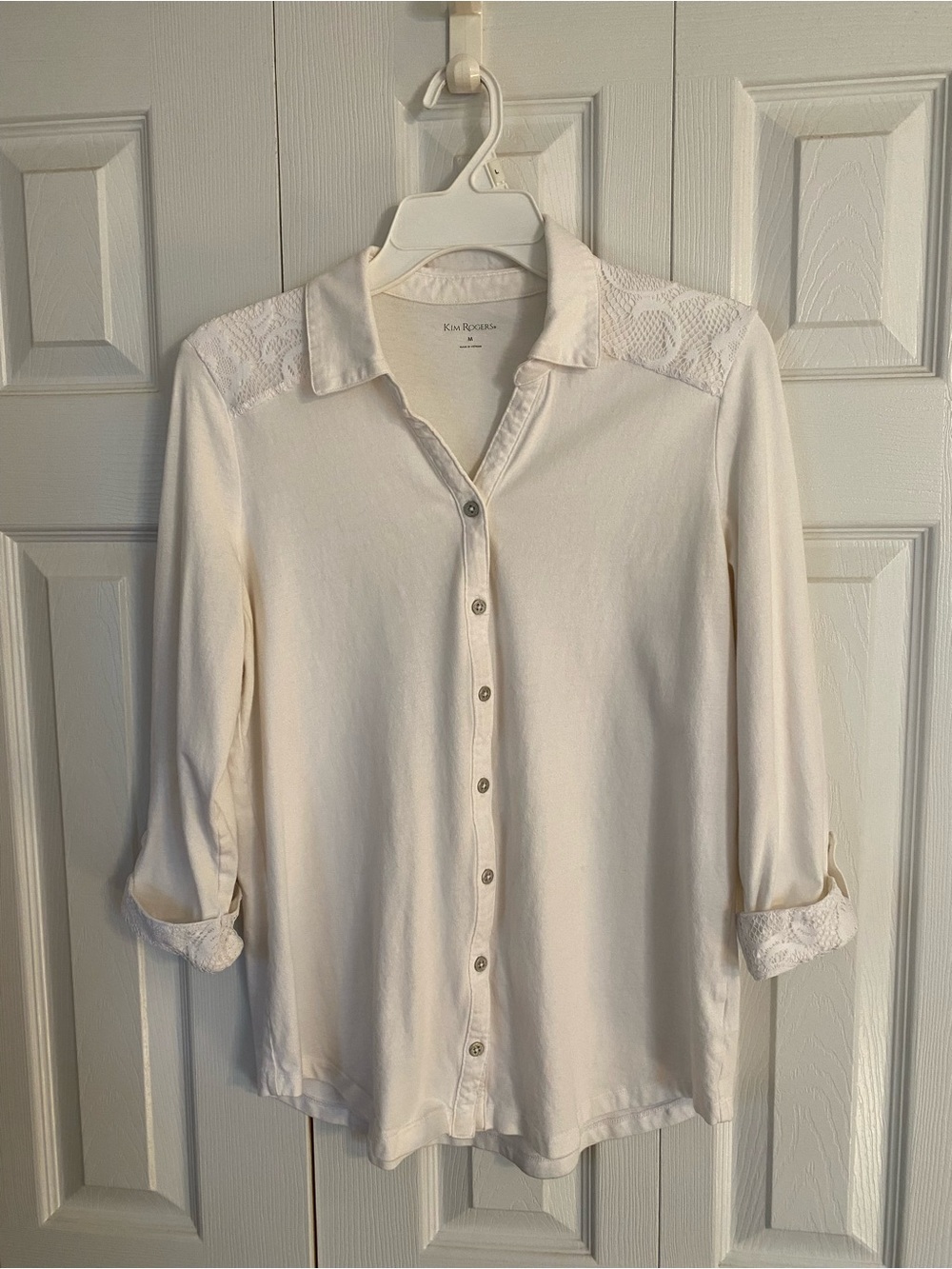 Kim Rogers white Lace-Shoulder Button-Front 3/4 sleeve Shirt.